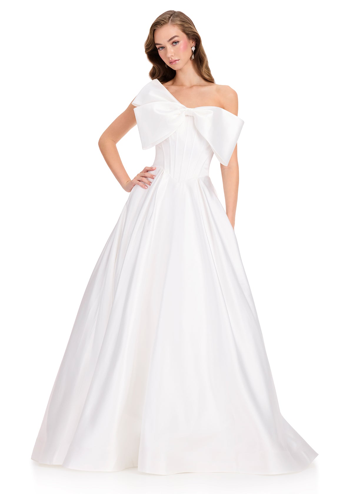 ASHLEYlauren 12395 Gown | Ivory  elegant satin full length ball gown with big bow and a voluminous skirt 