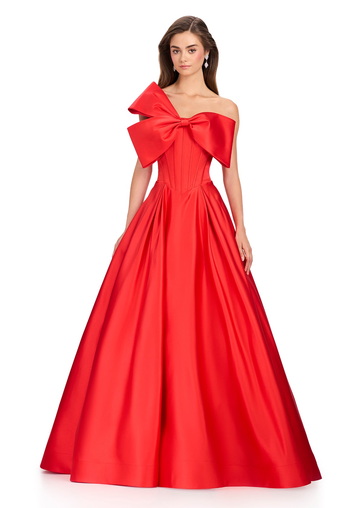 ASHLEYlauren 12395 Gown | Red elegant one shoulder ball gown with bow accent on the front zip up back 