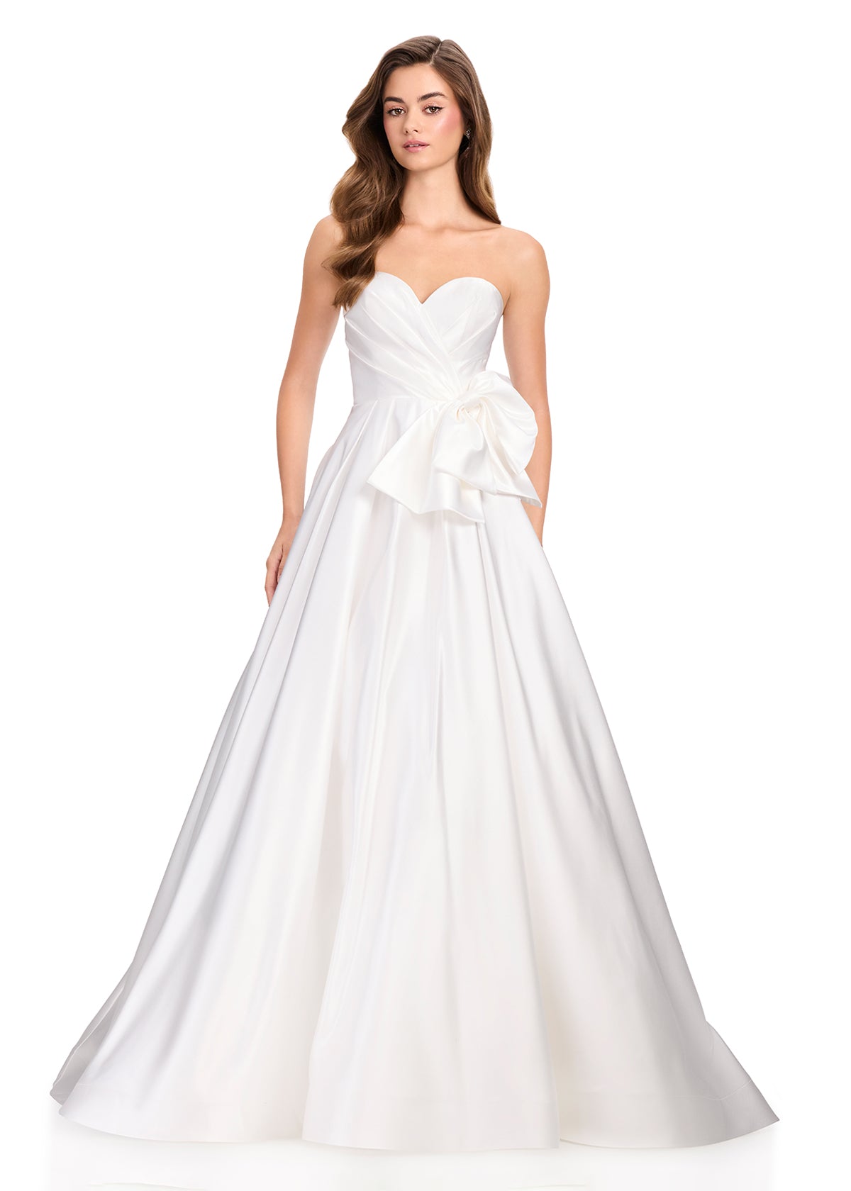 ASHLEYlauren 12396 Gown | Strapless Ivory gown featuring a sweetheart bodice, statement waist bow, and voluminous ball gown skirt for a timeless elegant look