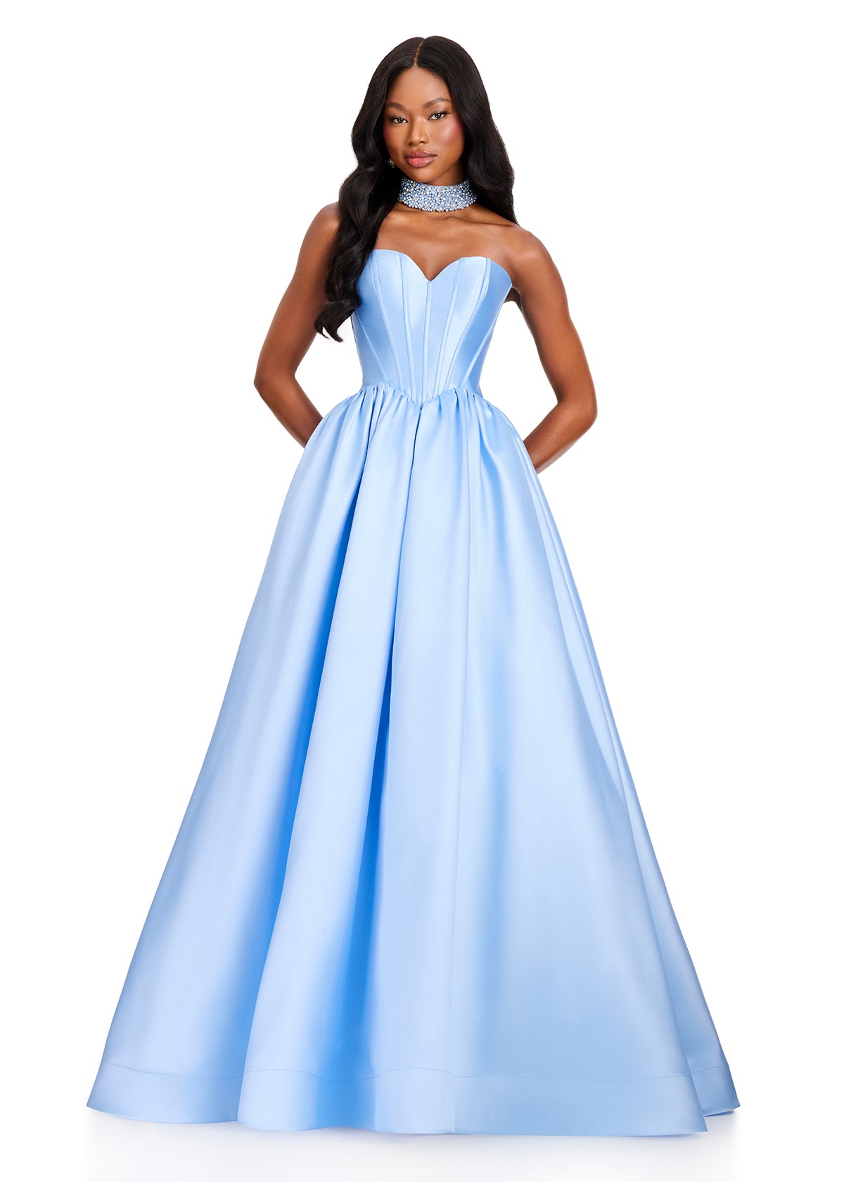ASHLEYlauren 12397 Gown | Elegant Ice Blue evening gown with a fitted strapless bodice, clean scoop back, and voluminous skirt with sweeping train 