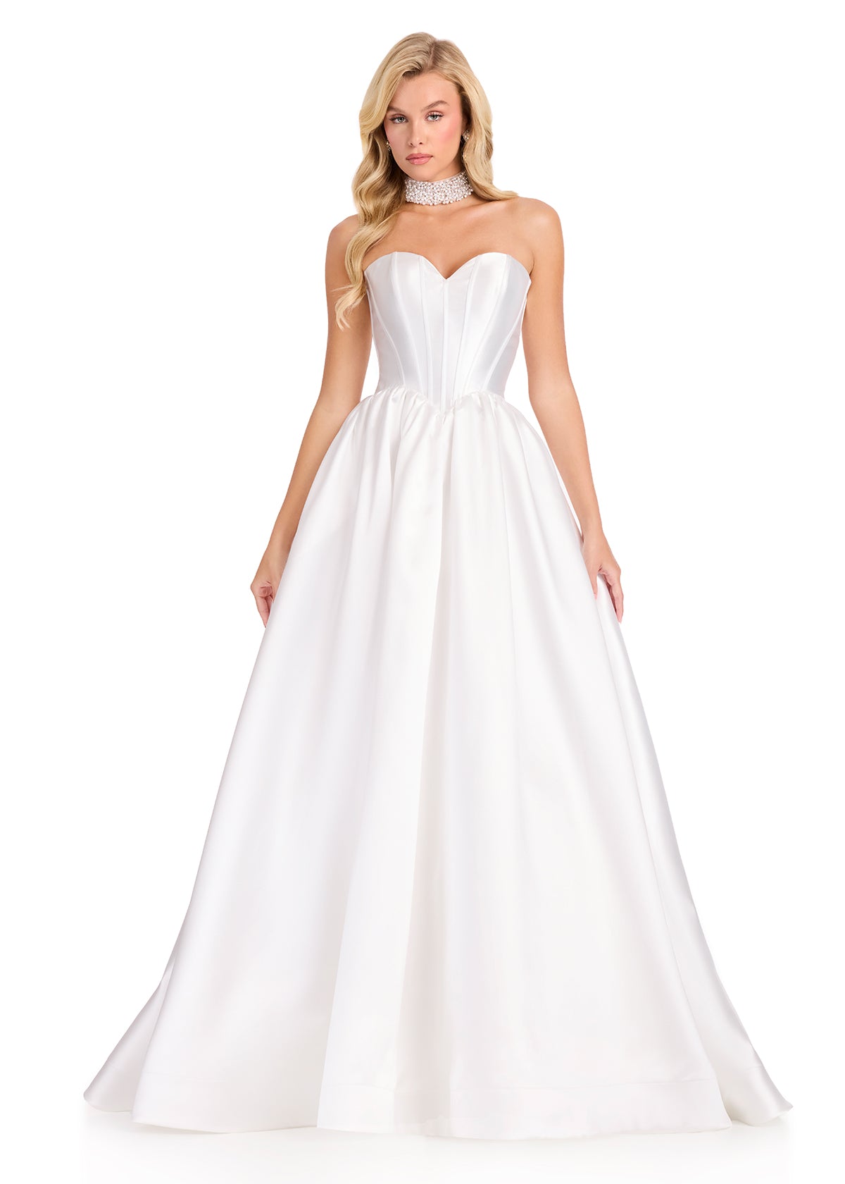 ASHLEYlauren 12397 Gown | Ivory strapless satin gown designed with a sculpted sweetheart neckline, structured corset, a timeless full ball gown silhouette, and a dazzling matching neck piece
