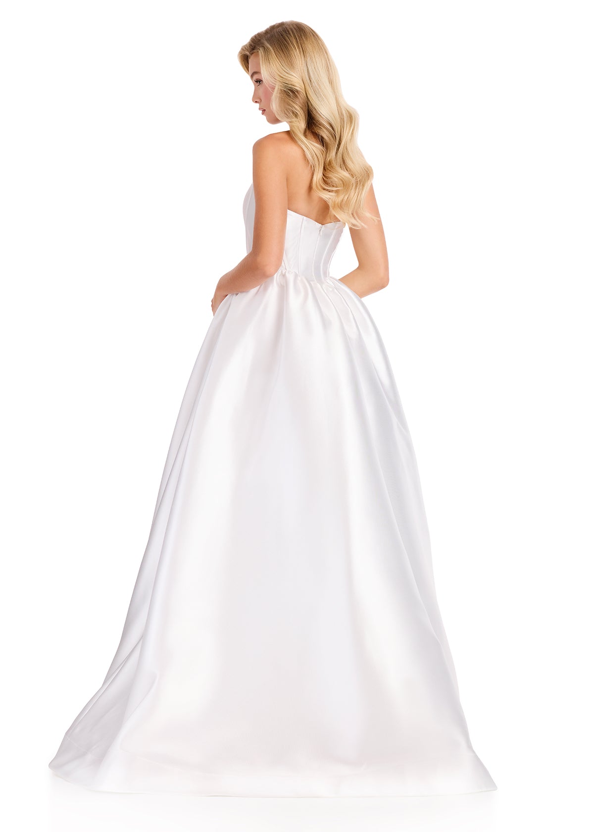 ASHLEYlauren 12397 Gown | Sophisticated Ivory satin gown featuring a fitted back bodice, soft gathered waistline, dramatic flowing train, and coordinating neck piece