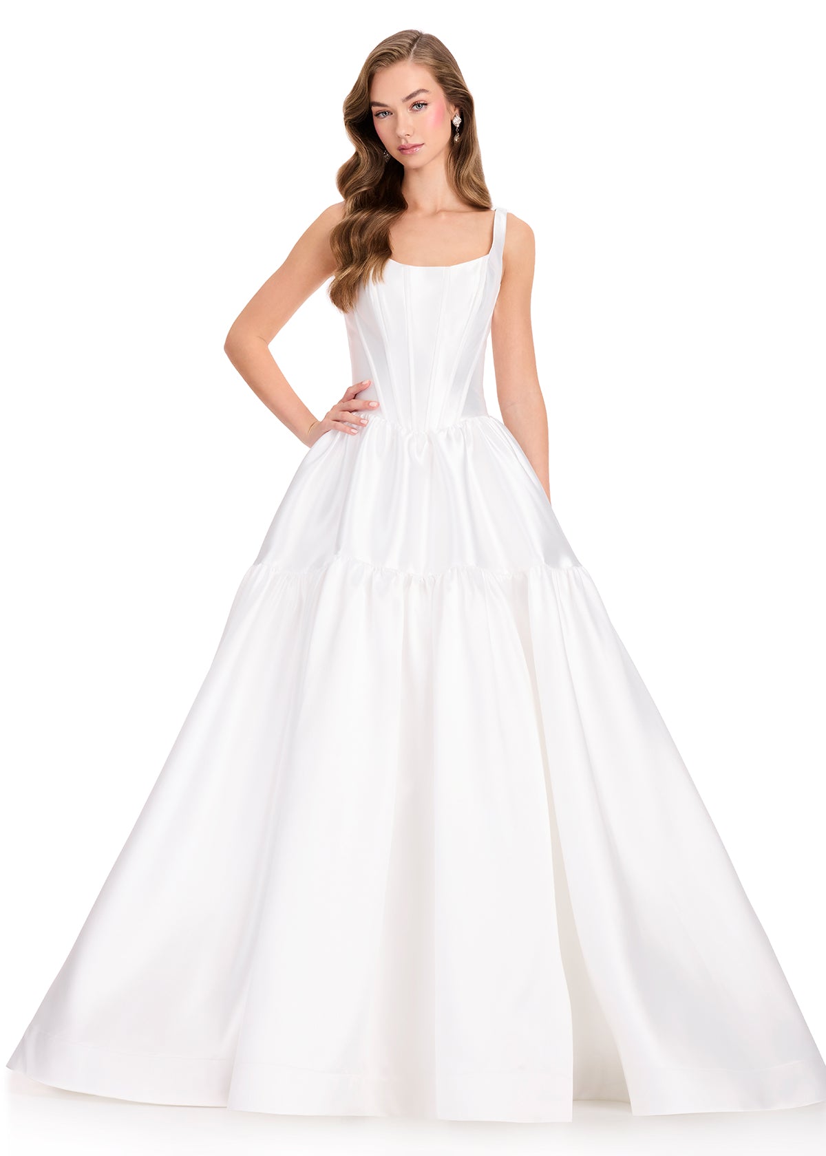ASHLEYlauren 12398 Gown | Beautiful Ivory ball gown with a structured bodice, scoop neckline, and full layered skirt creating a bold and elegant silhouette