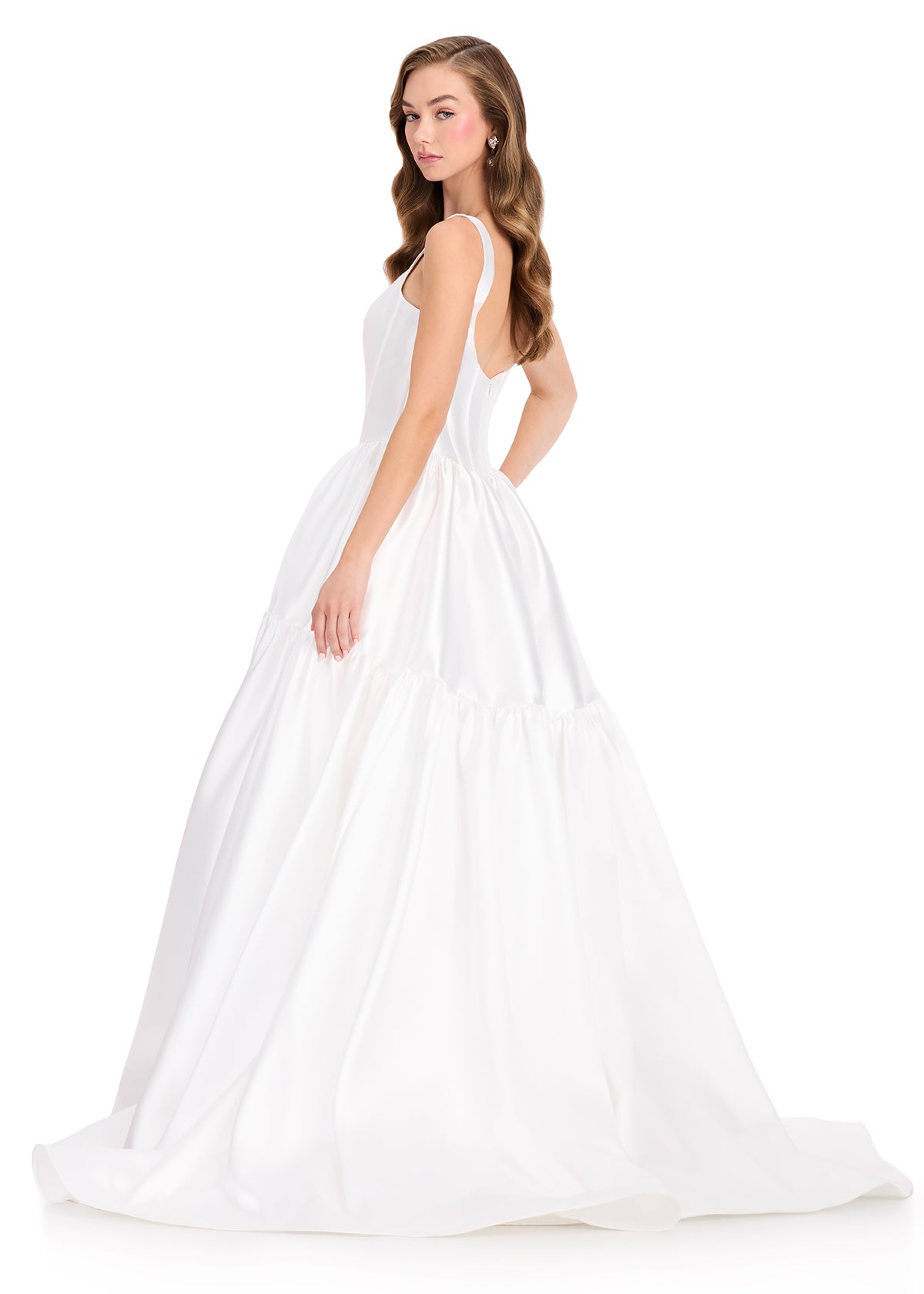 ASHLEYlauren 12398 Gown | Ivory satin evening gown with a low scoop back, fitted silhouette, and flowing tiered skirt with elegant train detail