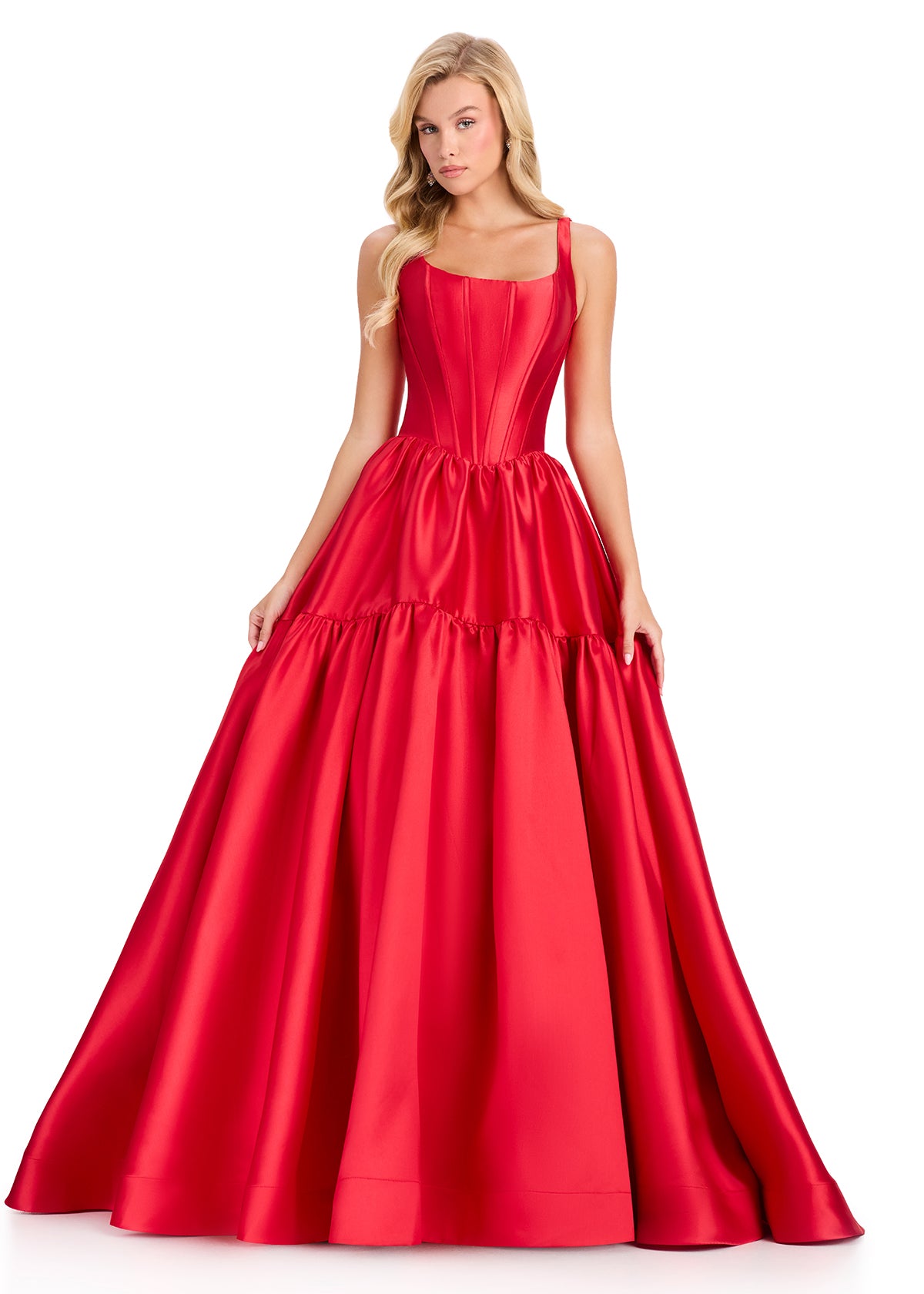ASHLEYlauren 12398 Gown | Vibrant Red satin gown designed with wide straps, a corset-inspired bodice, and a dramatic gathered skirt for a timeless statement look