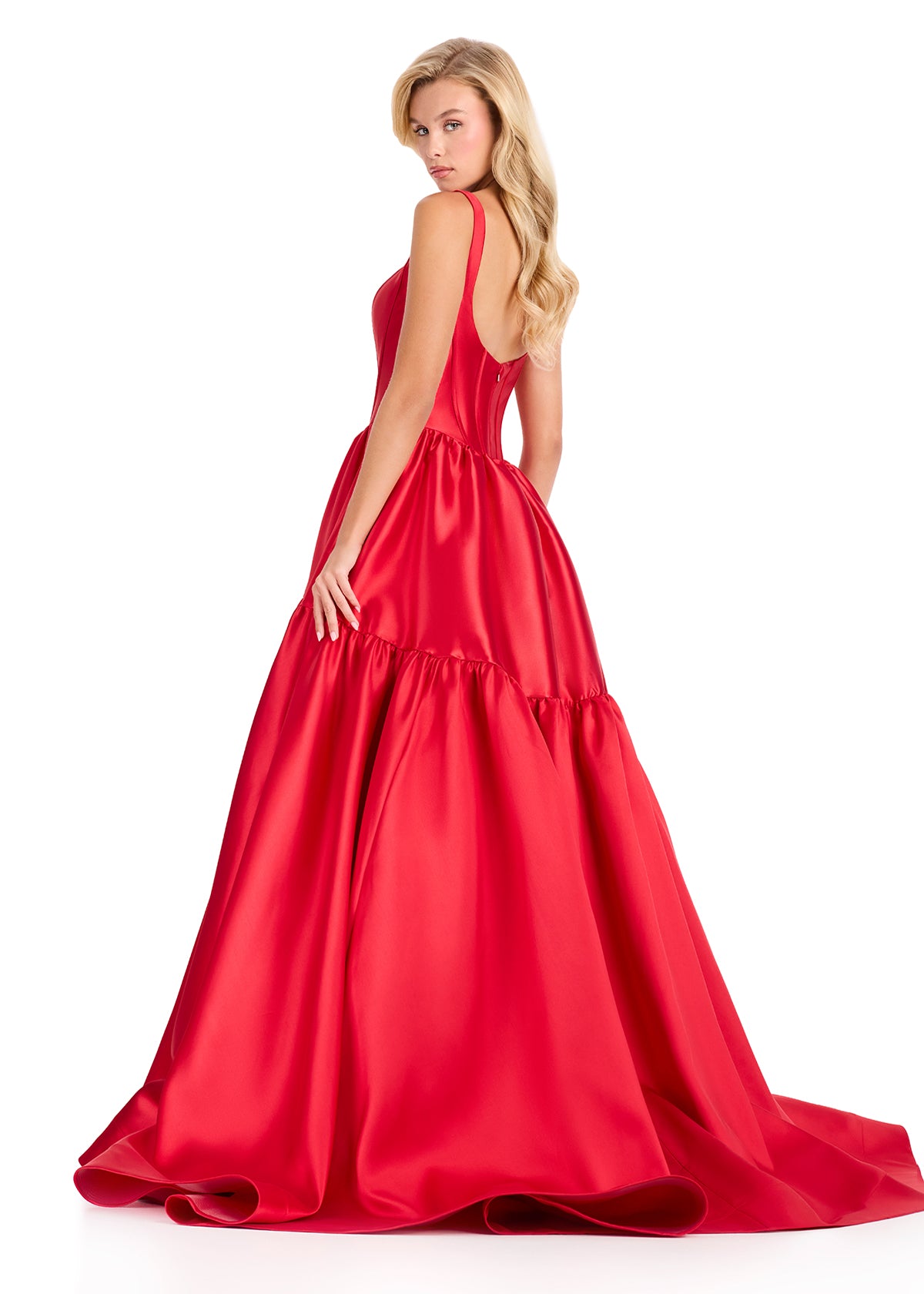 ASHLEYlauren 12398 Gown | Elegant Red formal gown featuring a sculpted low back, fitted waist, and sweeping tiered skirt with soft volume