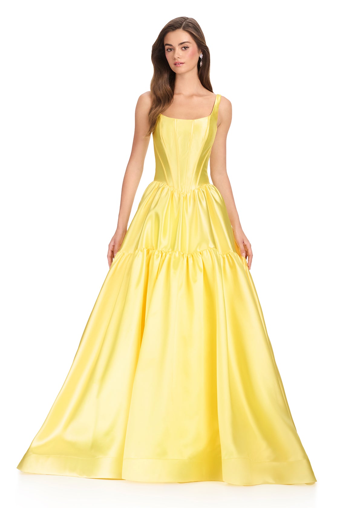 ASHLEYlauren 12398 Gown | Bright Yellow satin ball gown showcasing a scoop neckline, structured fitted bodice, and tiered full skirt with dramatic volume