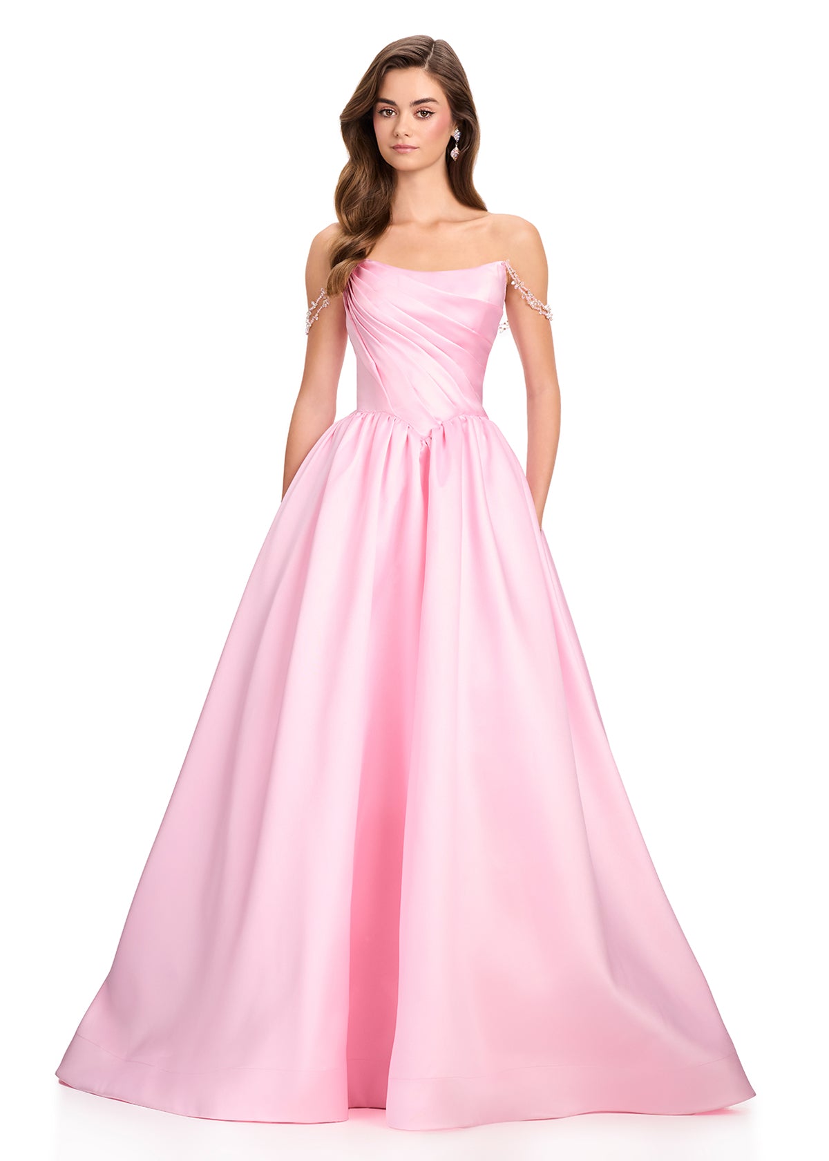 ASHLEYlauren 12399 Gown | Ice Pink satin ball gown featuring a soft draped off-the-shoulder neckline, corset-inspired bodice, and a dramatic full skirt