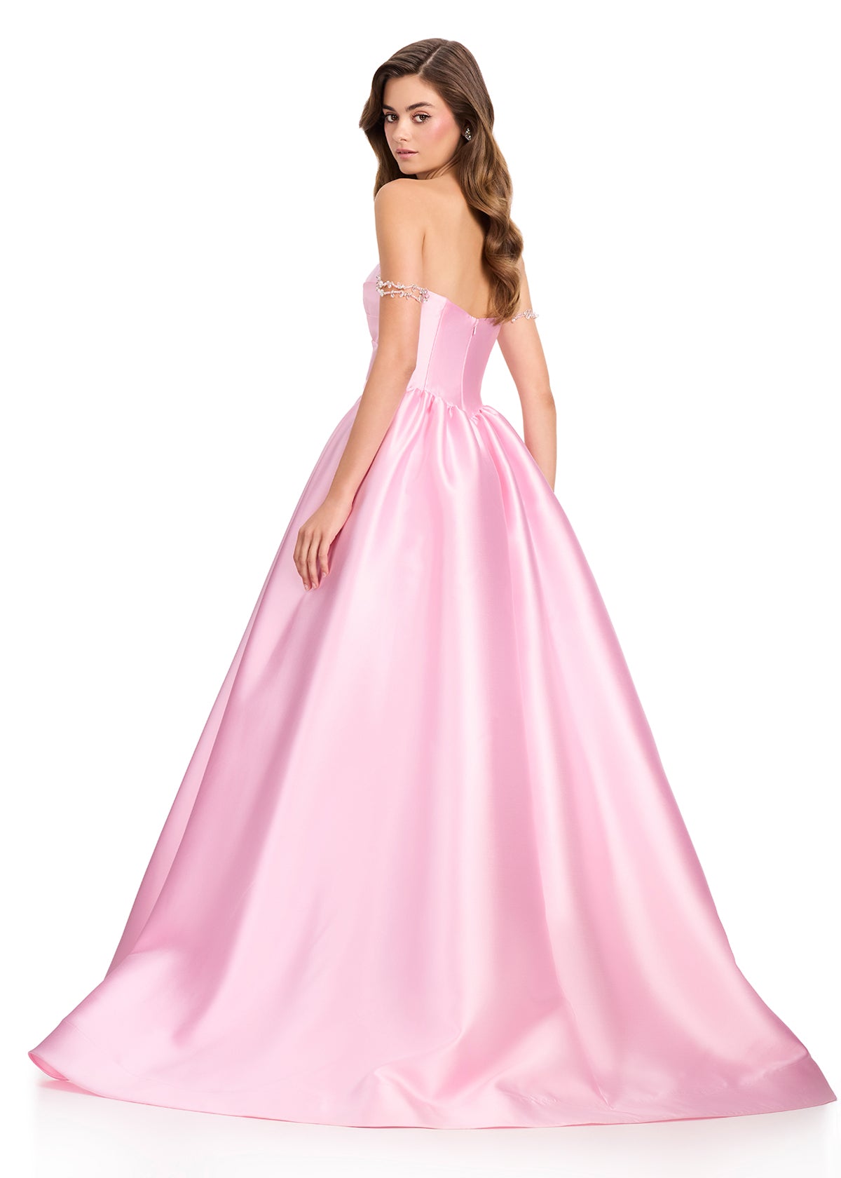 ASHLEYlauren 12399 Gown | Elegant Ice Pink evening gown with a structured low back, delicate off-the-shoulder straps, and sweeping train detail