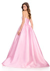 ASHLEYlauren 12399 Gown | Elegant Ice Pink evening gown with a structured low back, delicate off-the-shoulder straps, and sweeping train detail