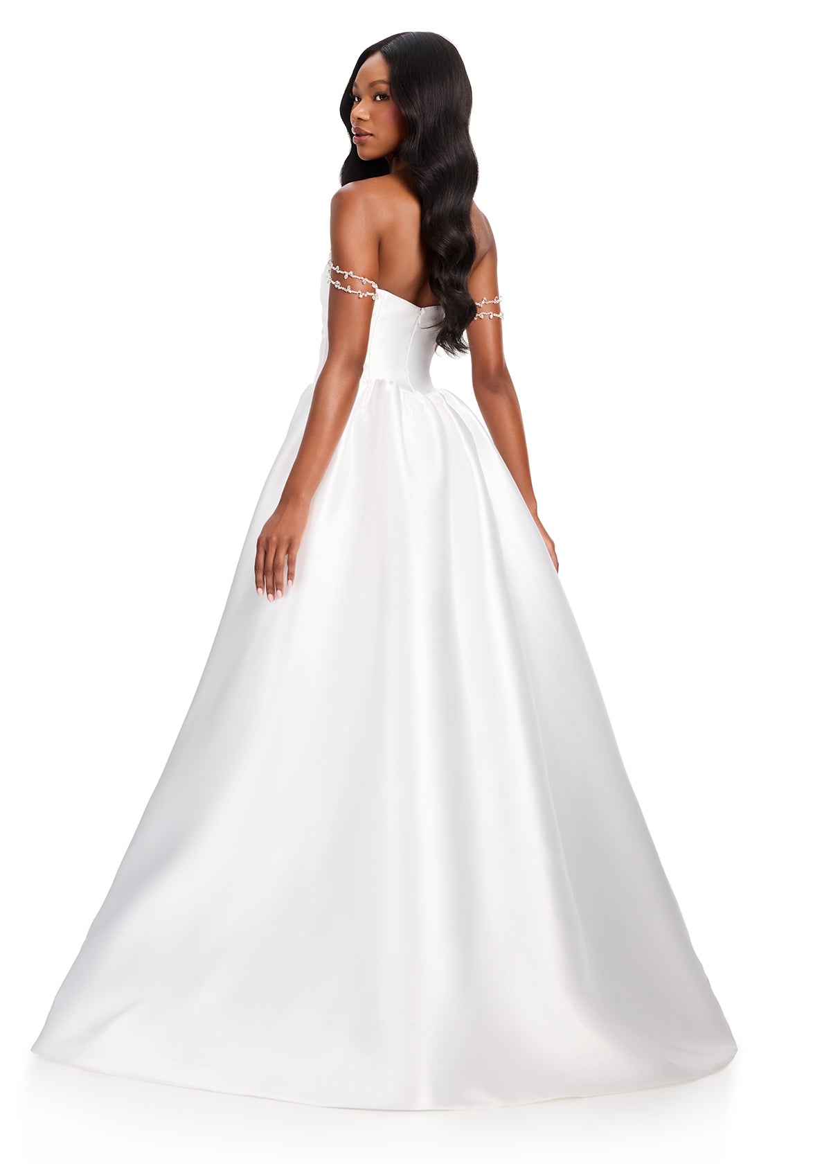 ASHLEYlauren 12399 Gown | Ivory gown featuring a sculpted fitted back, subtle off-the-shoulder accents, and a dramatic flowing train