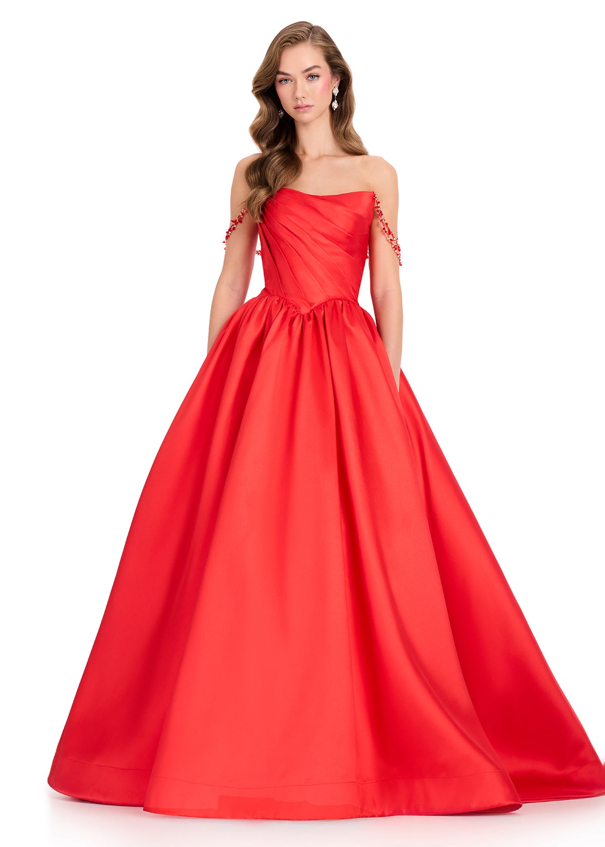 ASHLEYlauren 12399 Gown | Romantic Red ball gown with an asymmetrical draped bodice, elegant off-the-shoulder detail, and full sweeping skirt