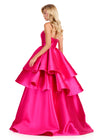 ASHLEYlauren 12400 Gown | Fuchsia satin formal gown featuring a sculpted strapless back, statement tiered skirt detail, and flowing dramatic train