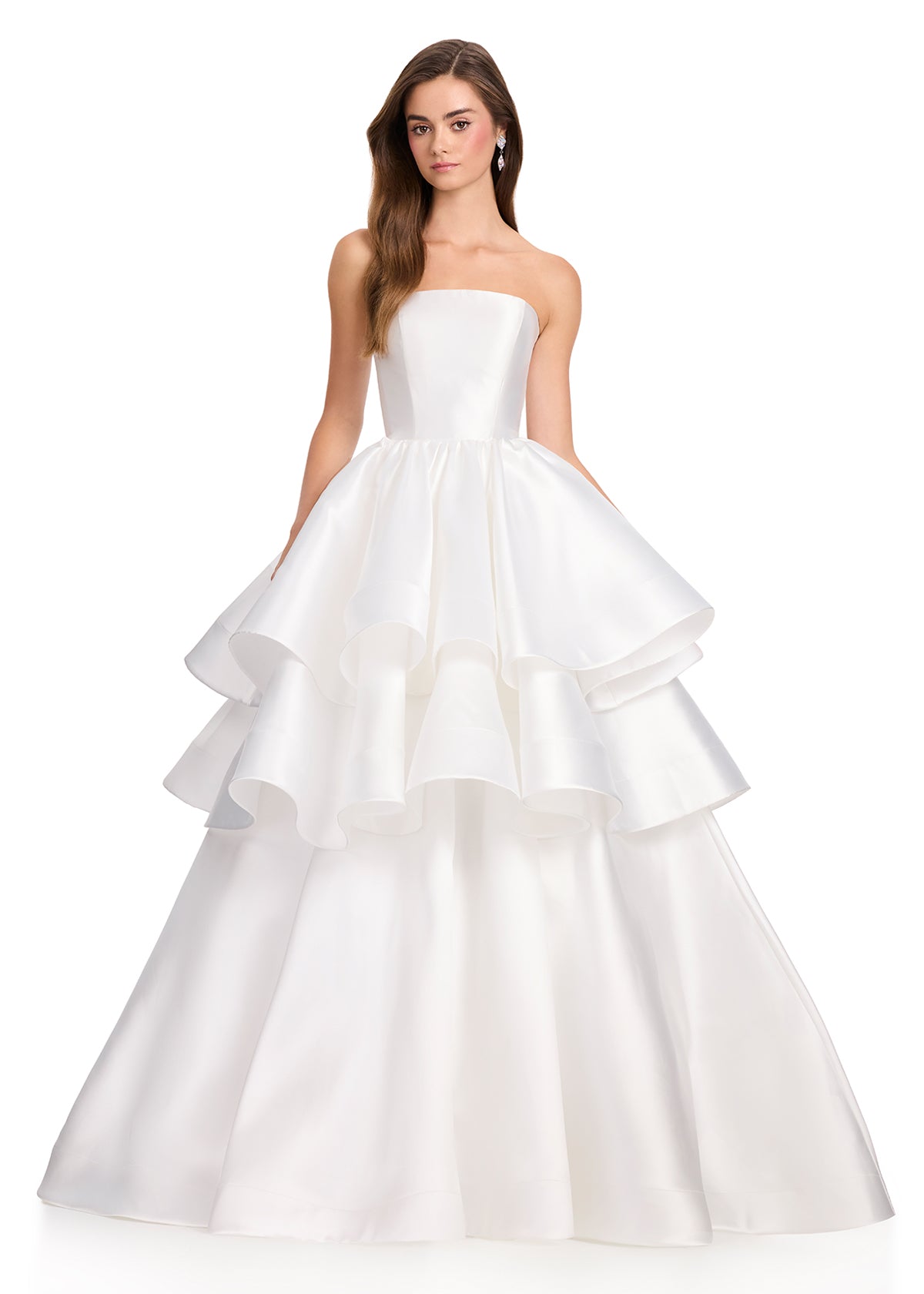 ASHLEYlauren 12400 Gown | Ivory Satin ball gown featuring a sleek strapless neckline, dramatic tiered skirt detailing, and a structured silhouette with elegant volume
