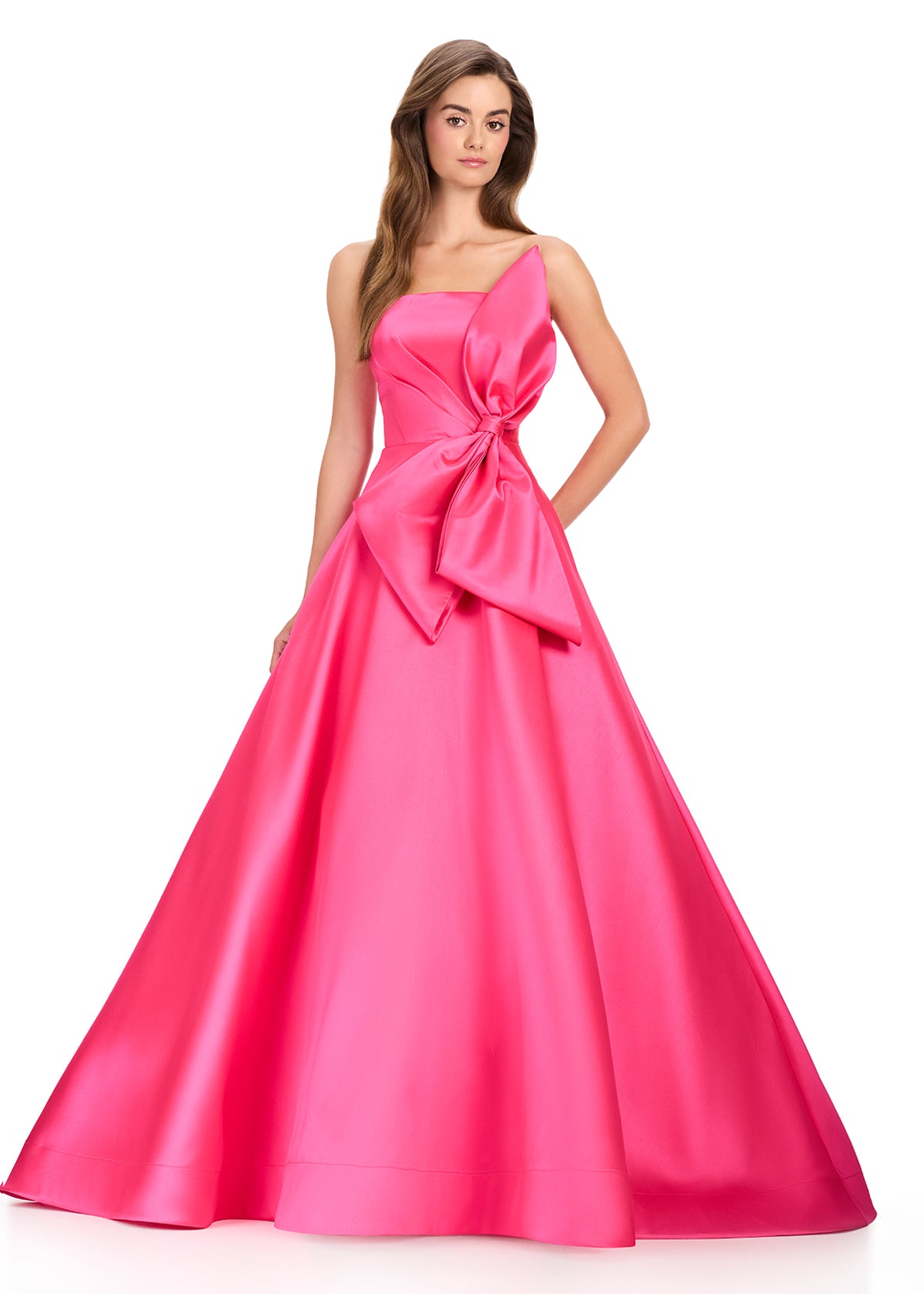 ASHLEYlauren 12401 Gown | Fuchsia pink full length elegant bow with stunning bow across the front zip up 