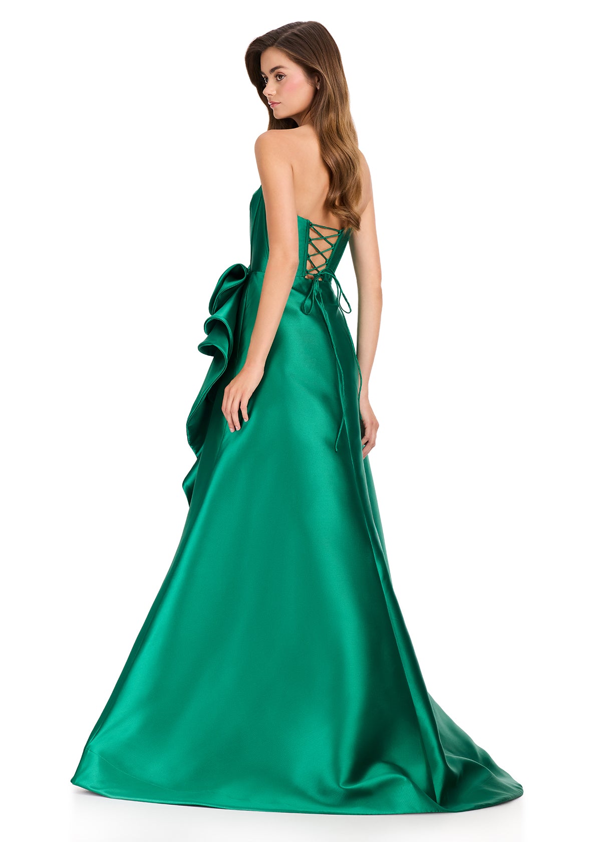 ASHLEYlauren 12402 Gown | Strapless evening gown with stunning bow and ruffle embellishment corset back