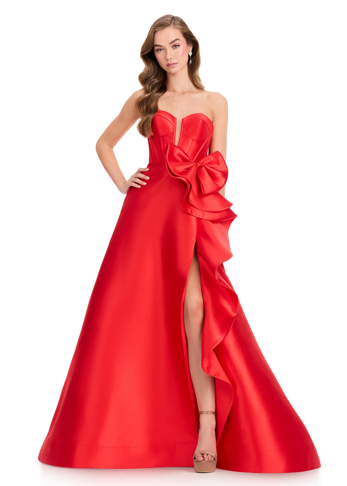 ASHLEYlauren 12402 Gown | Red strapless elegant gown with beautiful ruffle embellishment and bow side slit with corset back 
