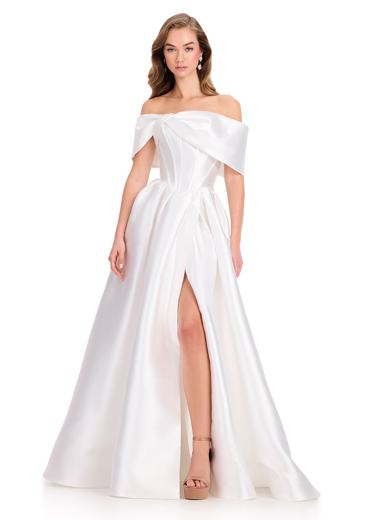 ASHLEYlauren 12043 Gown | Ivory full length ball gown with elegant off the shoulder straps and zip up back 