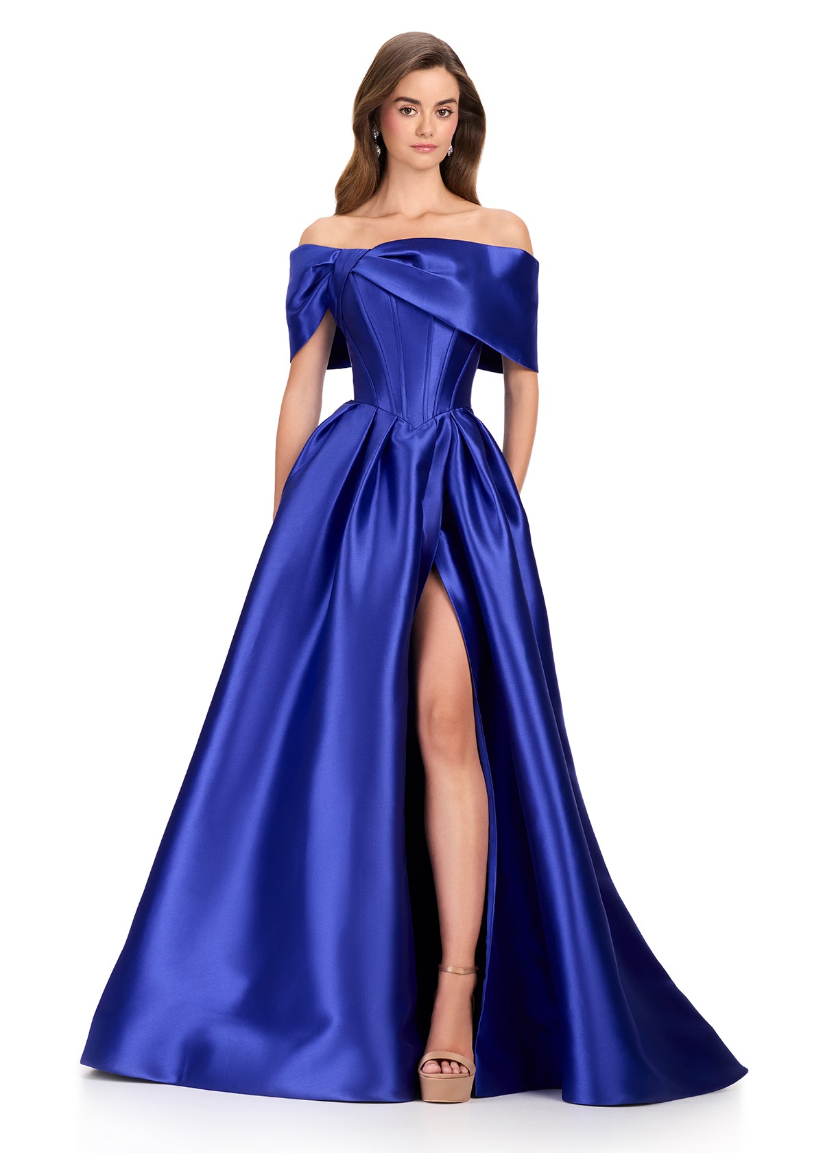ASHLEYlauren 12403 Gown | Royal blue off the shoulder full length ball gown with zip up back 