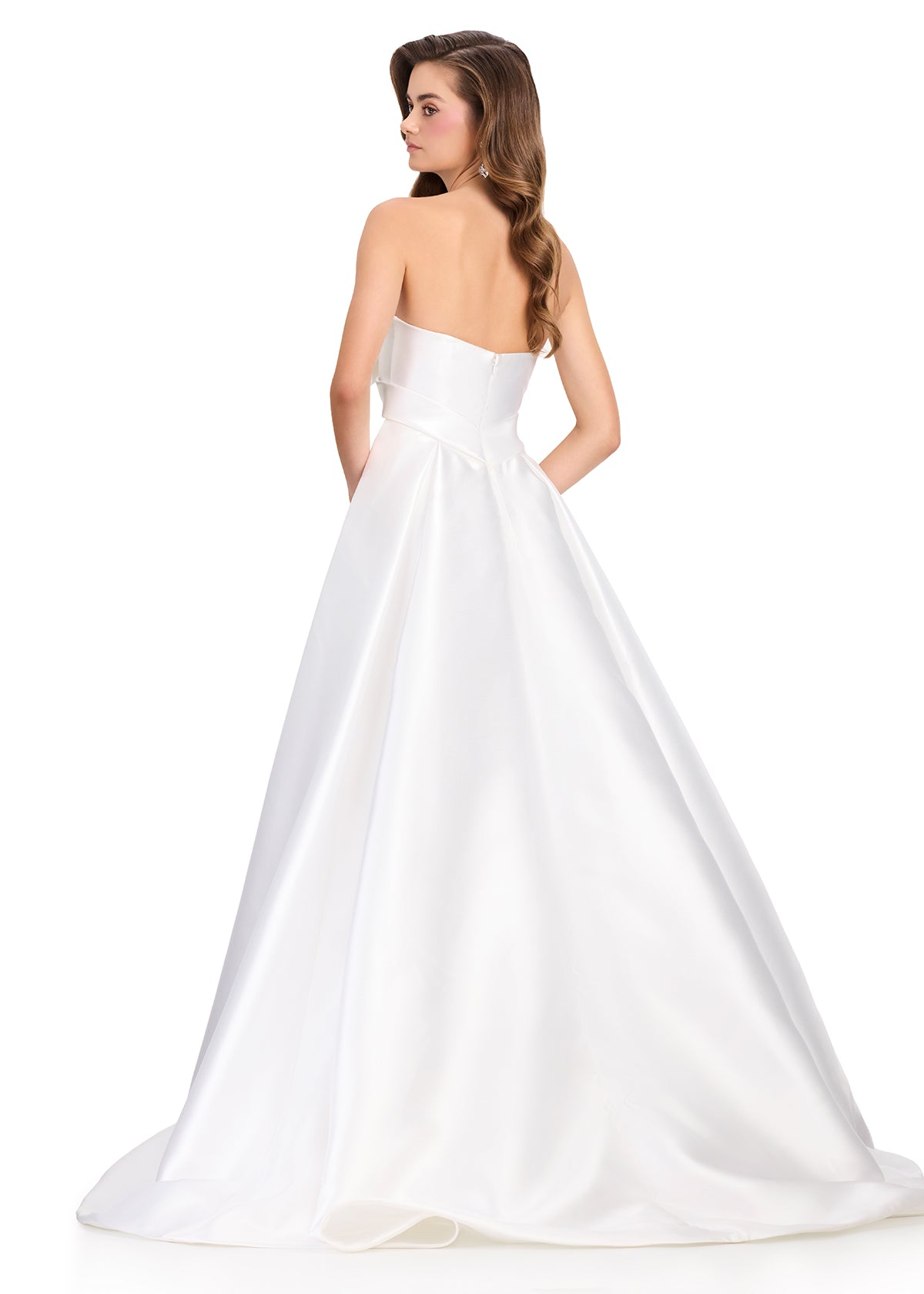 ASHLEYlauren 12405 Gown | Ivory full length gown with elegant overskirt and bow top zip up 