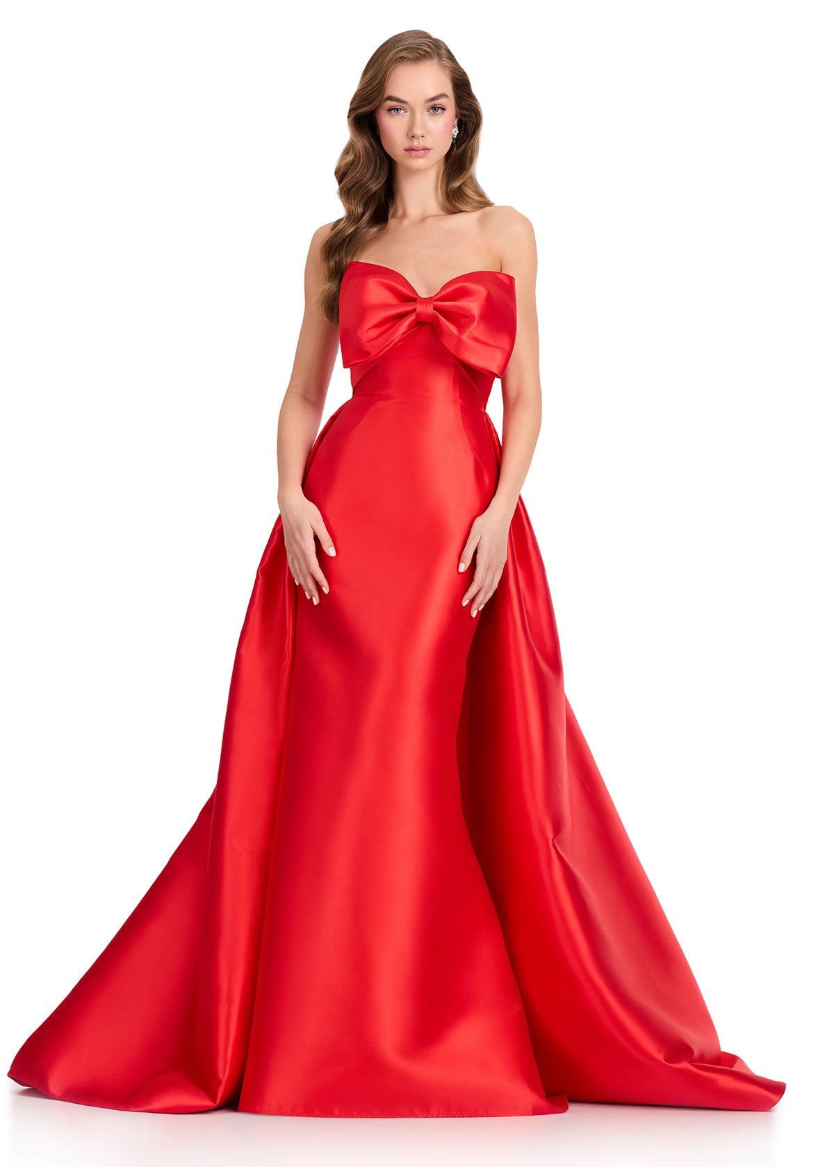 ASHLEYlauren 12405 Gown | Red full length evening gown form fitted with elegant overskirt bow top zip up gown 