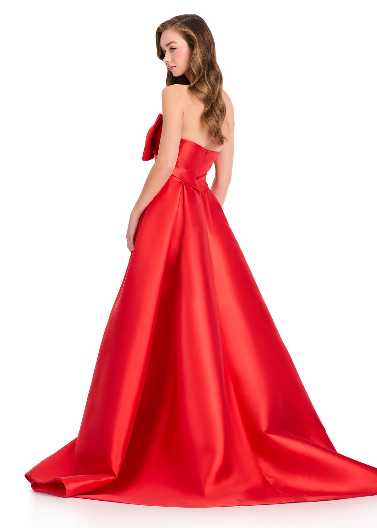 ASHLEYlauren 12405 Gown | Full length elegant red gown with stunning red overskirt and bow top zip up 
