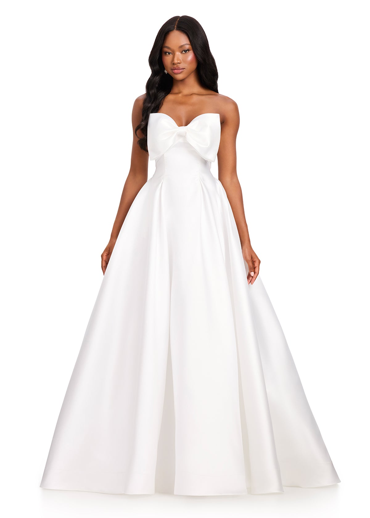 ASHLEYlauren 12406 Gown | Ivory elegant full length gown with elegant bow in the center zip up 