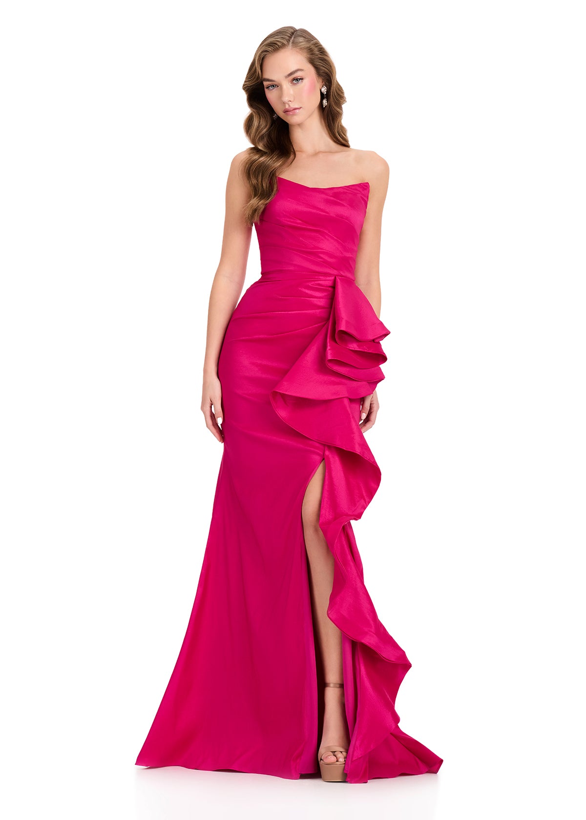 ASHLEYlauren 12408 Gown | Fuchsia pink full length strapless evening gown with ruffles and side slit corset back 