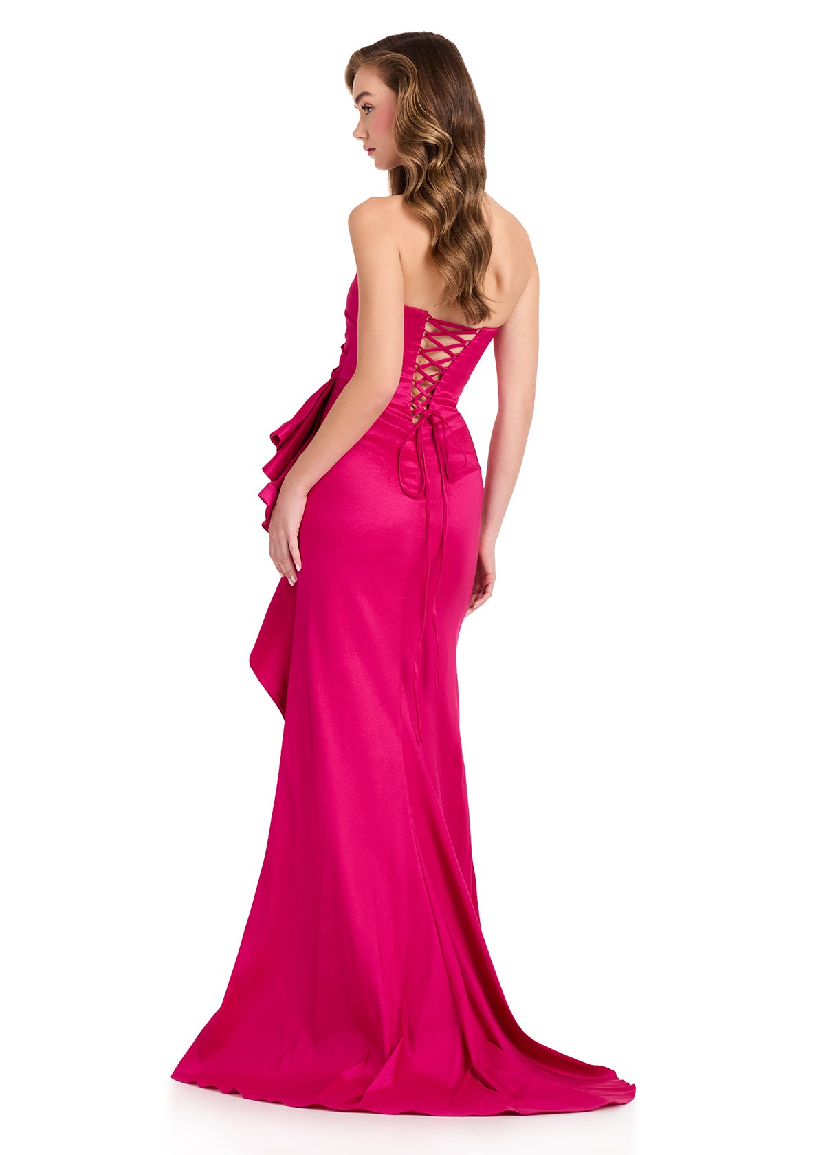 ASHLEYlauren 12408 Gown | strapless pink prom with with elegant ruffles on the side corset backing 
