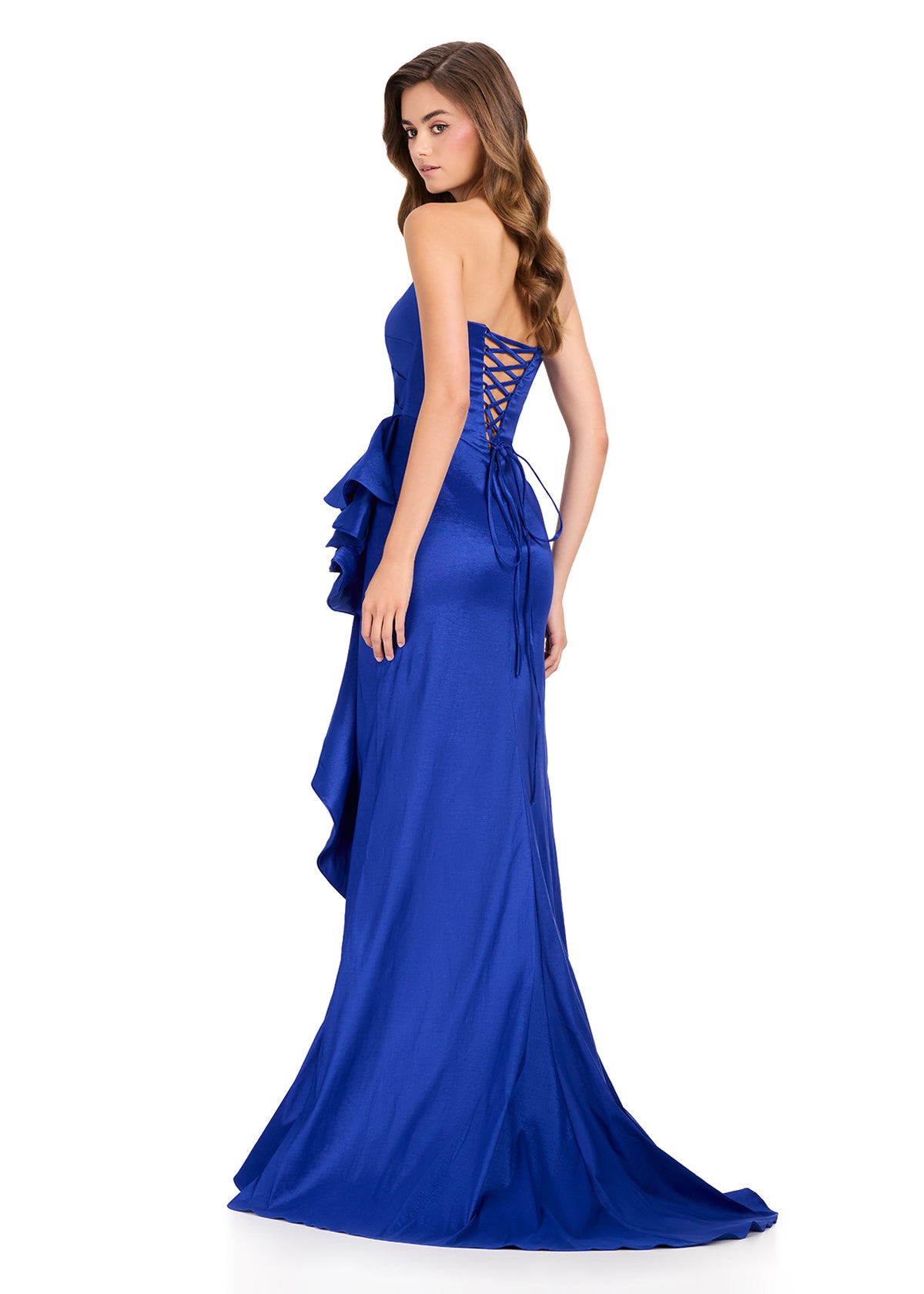ASHLEYlauren 12408 Gown | Blue strapless prom dress with elegant ruffle and form fitted style with corset back