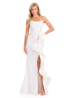 ASHLEYlauren 12408 Gown | White strapless trumpet style gown with 3D ruffle on one side, and leg slit