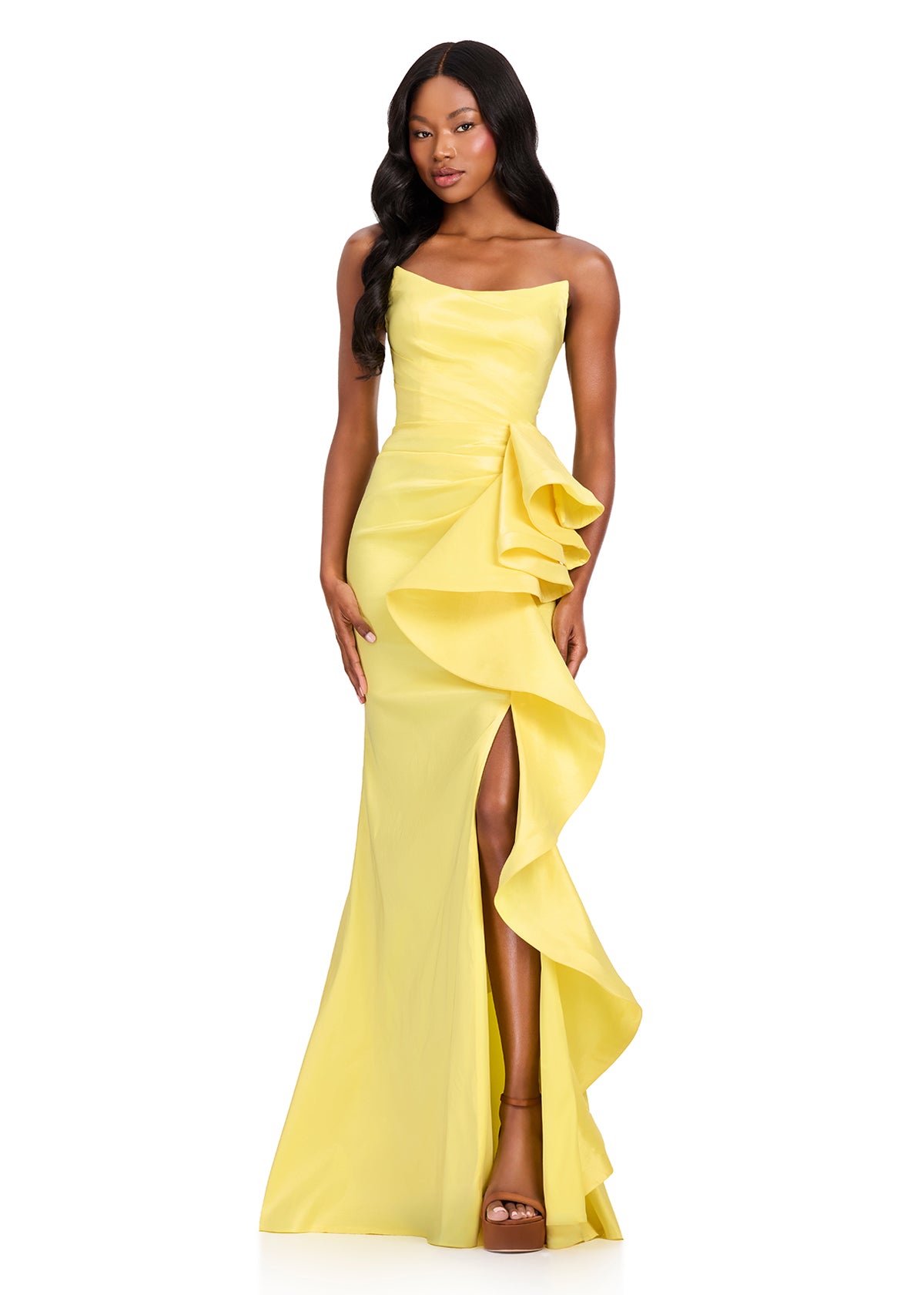 ASHLEYlauren 12408 Gown | Yellow strapless form fitting style gown with leg slit up to the thigh, and 3D ruffle embellishment to one side