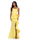 ASHLEYlauren 12408 Gown | Yellow strapless form fitting style gown with leg slit up to the thigh, and 3D ruffle embellishment to one side