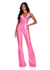 ASHLEYlauren 12410 Jumpsuit | Pink rhinestone jumpsuit with a V-neckline, fitted silhouette, and matching rhinestone neckpiece 