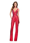 ASHLEYlauren 12410 Jumpsuit | Fully stoned Red jumpsuit featuring a deep V-neck, sleek fitted design, and coordinating neck accessory