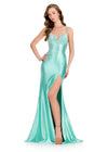ASHLEYlauren 12412 Gown | Aqua fitted sweetheart gown with heavy bust beading that fades down the skirt, left slit, and soft neckline ruching