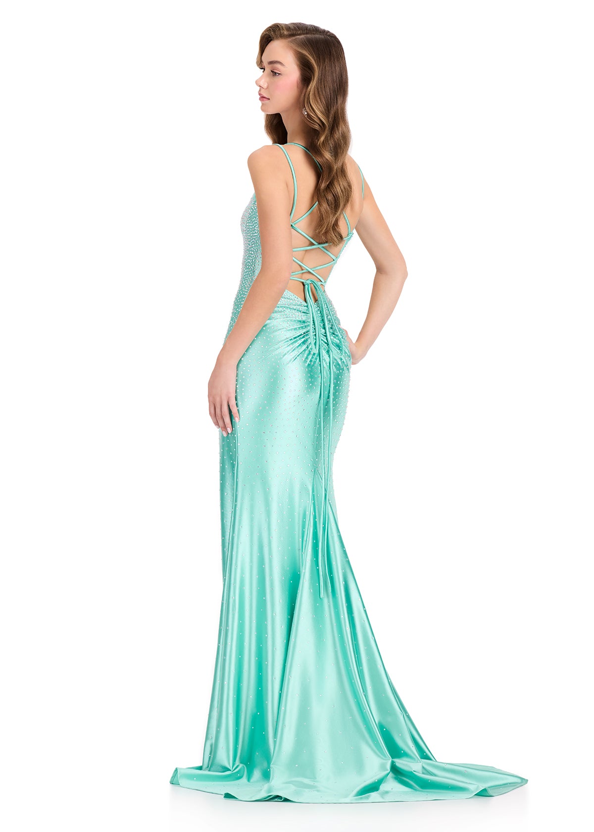 ASHLEYlauren 12412 Gown | Fitted Aqua sweetheart gown with a semi-open back with spaced lace-up detail, connected front straps, and ruched lower back around zipper