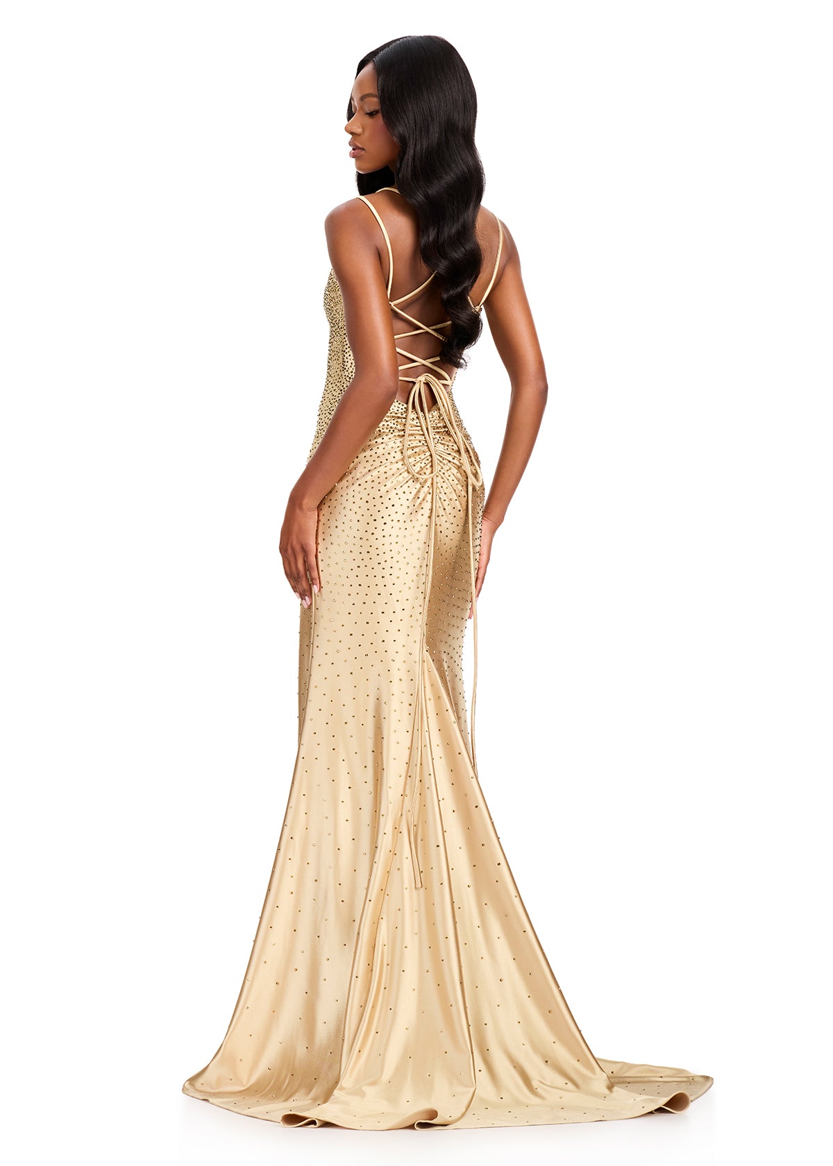 ASHLEYlauren 12412 Gown | A sleek Gold gown with a semi-open back featuring a lace-up overlay, sweetheart neckline, beading, and synching at the zipper 