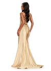 ASHLEYlauren 12412 Gown | A sleek Gold gown with a semi-open back featuring a lace-up overlay, sweetheart neckline, beading, and synching at the zipper 