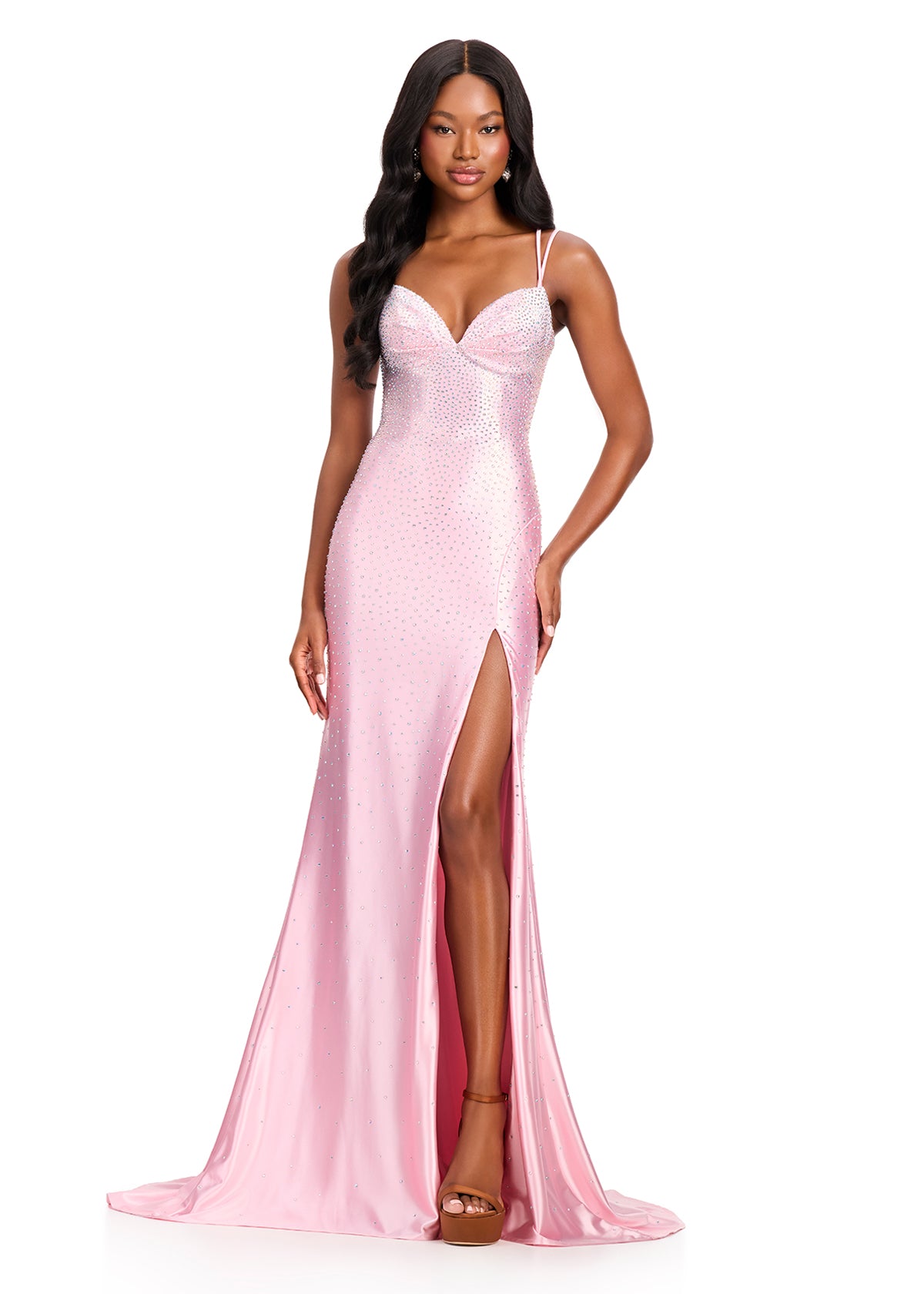 ASHLEYlauren 12412 Gown | Fitted Ice Pink sweetheart neckline gown with lace-up detailing, strap-to-lace connection, synch shaping around the zipper, allover beading 