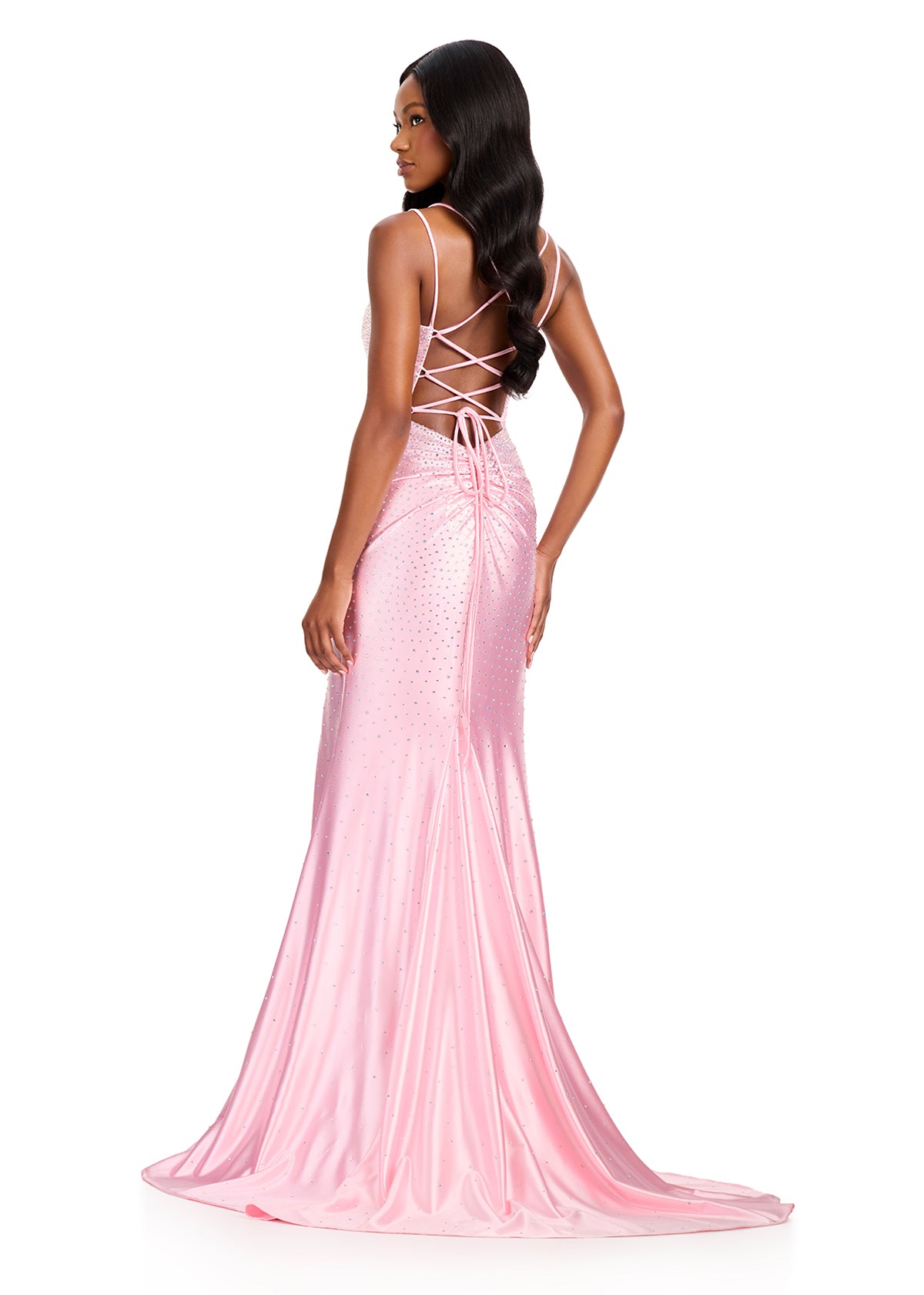 ASHLEYlauren 12412 Gown | Fitted Ice Pink gown with sweetheart neckline, concentrated bust beading that scatters down, synching  from neckline, and thigh high leg slit