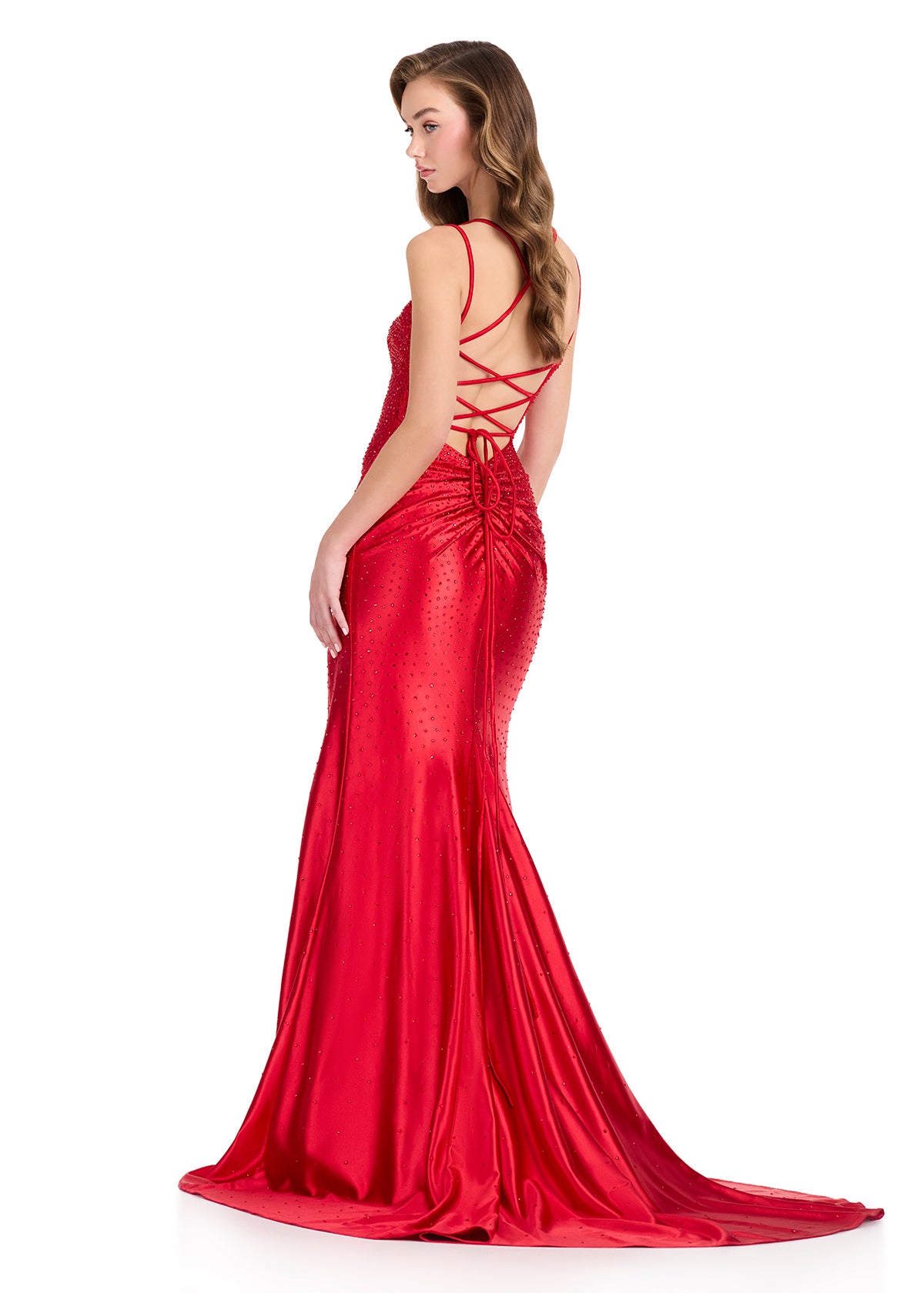 ASHLEYlauren 12412 Gown | Semi-open back Red gown with spaced lace-up overlay, connected straps, beading allover, and ruched detailing at the lower back and zipper