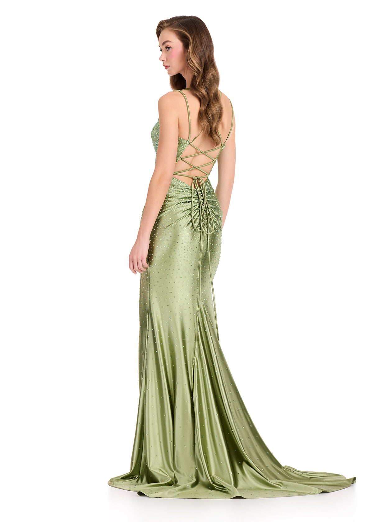 ASHLEYlauren 12412 Gown | Form fitting back lace up Sage gown with front straps linking into the lacing, rouching around the zipper, and continuous beadwork