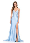 ASHLEYlauren 12412 Gown | Fitted Sky sweetheart gown with soft ruched neckline shaping, and beading embellishments around bust area that trickle down to the skirt, and left thigh slit