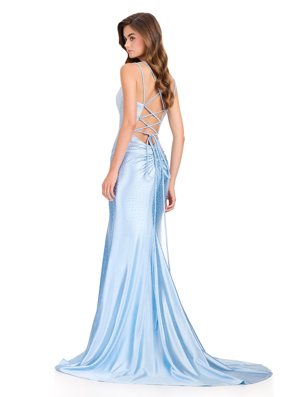 ASHLEYlauren 12412 Gown | Sleek Sky gown with a structured lace-up detail, connected front straps, heavy beading, and ruching at lower back