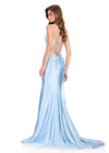 ASHLEYlauren 12412 Gown | Sleek Sky gown with a structured lace-up detail, connected front straps, heavy beading, and ruching at lower back