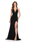 ASHLEYlauren 12413 Gown | Black halter gown with a deep V-neck, boning that forms a V-shaped bodice, and beading that decreases down the skirt using mixed rhinestones and pearl-like stones. 