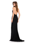 ASHLEYlauren 12413 Gown | Black fully sequined gown with dramatic open V-back, fitted silhouette, and flowing mermaid train with sheer ruffle hem 