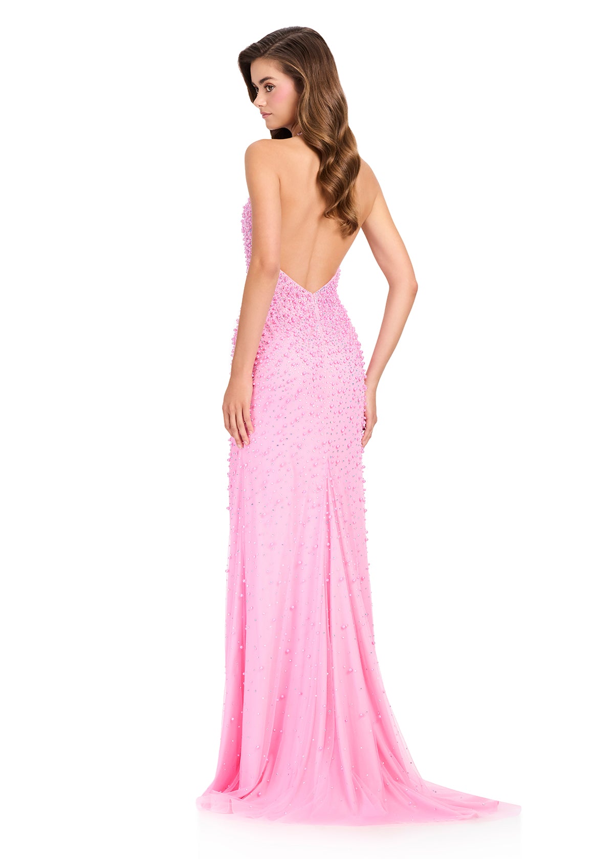 ASHLEYlauren 12413 Gown | Candy Pink sequined evening gown featuring a dramatic low V-back, curve-hugged silhouette, and elegant mermaid train with sheer trim