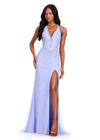 ASHLEYlauren 12413 Gown | Periwinkle halter deep V gown with structured V boning, scattered beadwork that fades downward, pearl-like rhinestones in varying sizes, and left leg slit